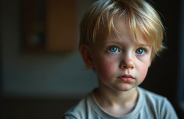 Portrait of young boy with blonde hair blue eyes. Child looks thoughtfully in dimly lit room. Innocence, curiosity. Boy portrait for kids. Childhood concept. Emotional close-up. Sad thoughtful child