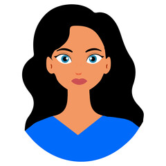 Flat Vector Avatar of Woman with long Hair and Blue Shirt -  png element