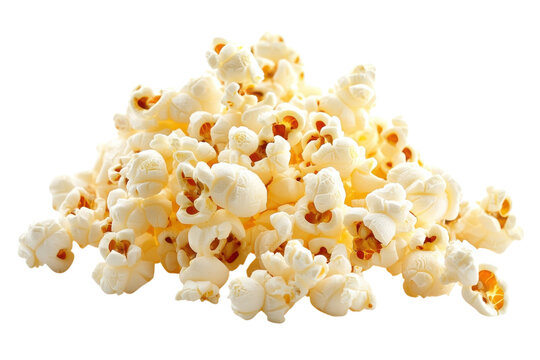 A tempting mound of freshly popped popcorn ready for a movie night treat on a stark black backdrop isolated on transparent background. Generative Ai.