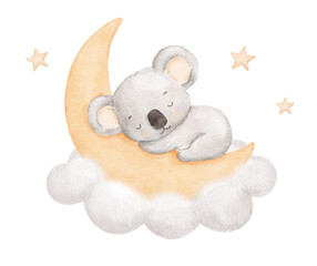Watercolor cute koala sleeping on moon in cloud with stars, watercolor hand drawn illustration for kids, painted drawing with isolated background © Elena