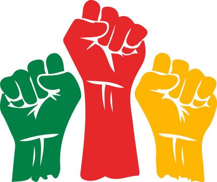 Raised Fists with Pan-African Flag Colors, unity of peoples, strike fight 