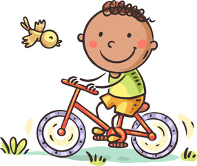 Cute little boy, child riding a bike. Cartoon kids outdoors activities clipart
