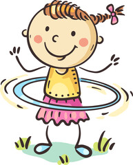 Cute cartoon girl spinning hula hoop outdoors