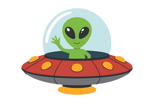 Friendly alien waving from a red spaceship UFO cartoon illustration perfect for kids books websites and greeting cards