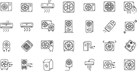 Cold air flow icons set. This set of icons depicts various aspects of airflow, including air conditioning, ventilation, and fans
