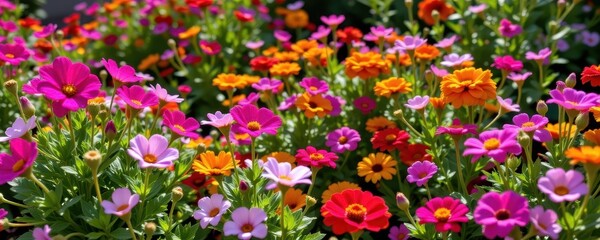 Fototapeta premium a sunny garden bursting with colorful cosmos, petunias, and zinnias growing healthy under intense sunlight.