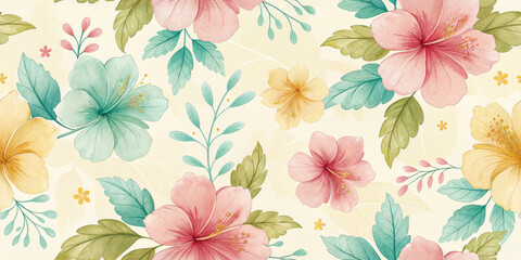 Floral pattern with pastel hibiscus flowers on cream background  