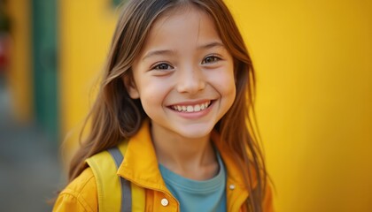 Close-up portrait of joyful girl with backpack smiling against yellow school background. Positive emotions, childhood happiness, back to school concept. Face of child with big smile and bright eyes.