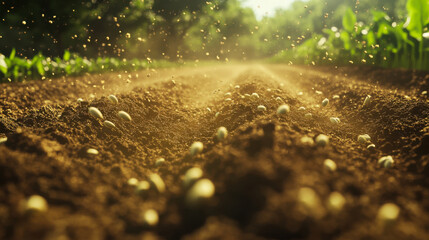 Planting seeds in fertile soil on a sunny morning in a lush green farm