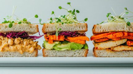 Delicious trio of vegetarian sandwiches with fresh ingredients and microgreens.