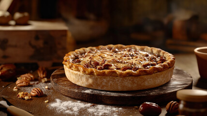 Delicious homemade pecan pie on rustic wooden table
