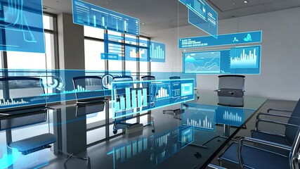 Futuristic conference room with holographic data displays and empty chairs, showcasing technology - Powered by Adobe