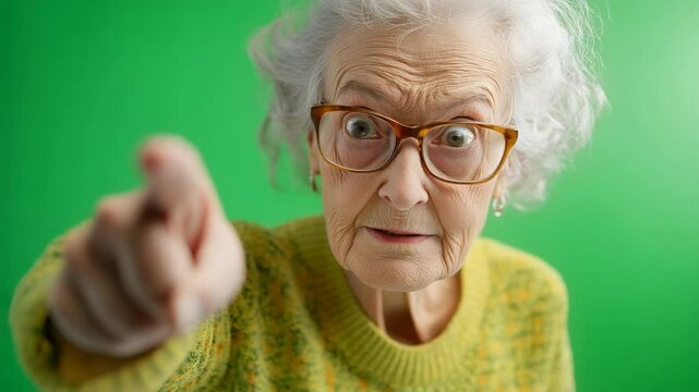 Stern elderly woman pointing forward against vibrant green background.
