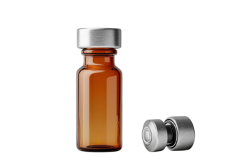 A sterile brown glass vial with its silver cap removed poised for medical intervention on a clean isolated on transparent background. Generative Ai.
