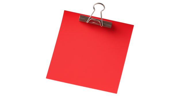 Red Note Paper with Binder Clip on white and transparent Background Ideal for Mockups and Branding
