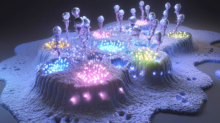 Colorful bioluminescent organisms thrive in a vibrant underwater landscape during a serene night