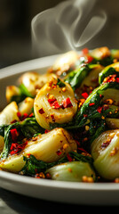 Deliciously spiced bok choy with herbs served on a ceramic plate capturing gourmet flavors indoors