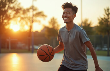 Smiling Asian man dribbles basketball outdoors at sunset. Male athlete plays game. Young person in gray tee, happy, enjoying sport activity. Health, active lifestyle.