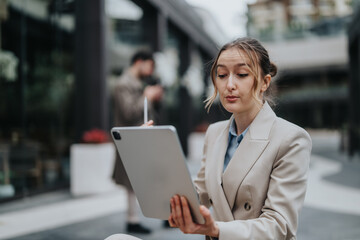 A focused young woman in a beige blazer interacts with a large tablet in an outdoor professional...