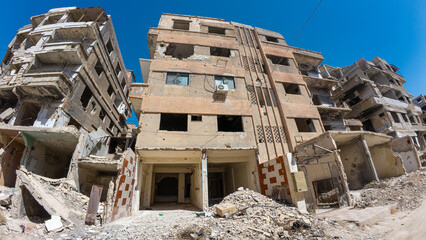 War-Torn Buildings Under Clear Sky In Damascus Jobar district, Syria