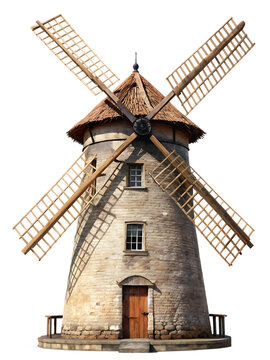 old windmill isolated on white background PNG , AI GENERATED
