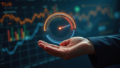 Futuristic dashboard business impact measurement. Hand holding digital gauge, financial performance, strategic outcome visualization. Modern tech for planning, growth, intelligence, insight,