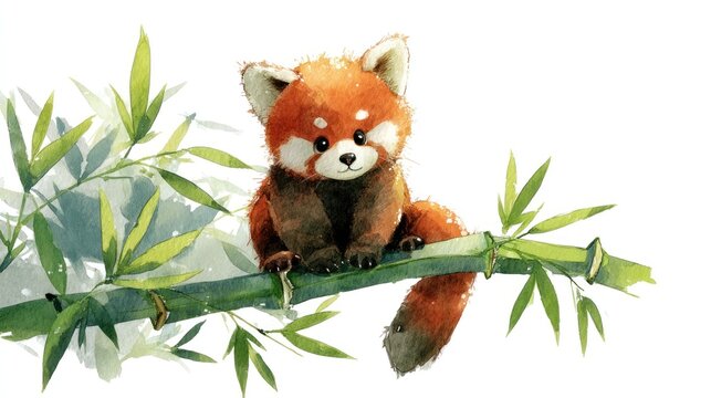 A chubby red panda sitting on a bamboo branch, watercolor style, pastel colors, soft shading, whimsical children's book illustration