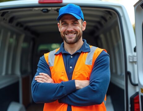 Smiling service man stands near van ready for on-site service call. Tradesman wears orange vest, blue cap. Pro technician smiling, looking at camera, represents confidence. Van background.