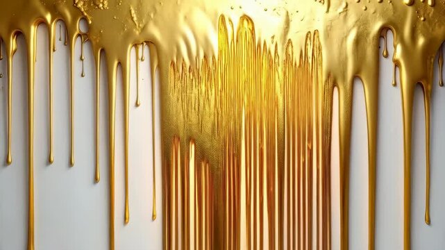 Luxurious golden paint dripping down white surface creating an abstract dripping pattern and shiny texture for opulent aesthetic