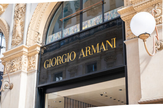 Giorgio Armani luxury store in Milan, European glamour boutique, High-end fashion retail facade Galleria Vittorio Emanuele, Milan, Italy - May 21, 2025