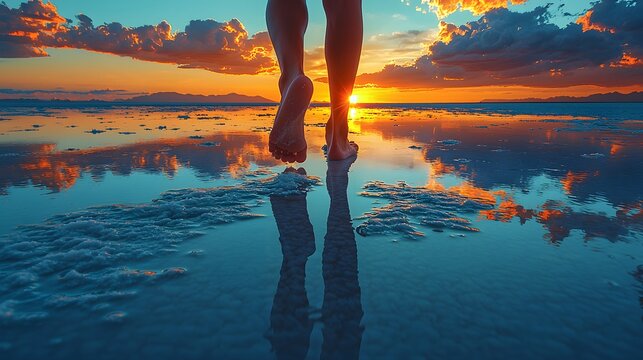 Close-up of bare feet walking through shallow water on a beach at sunset, with golden reflections and a serene sky