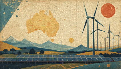 Windmill farm solar energy . Oil paint illustration.