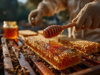 Beekeeper harvesting honey from honeycomb with wooden stick