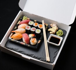 Japanese Sushi Set in Plastic Takeout Tray with Chopsticks, Wasabi, Ginger, and Soy Sauce on Black Stone Background