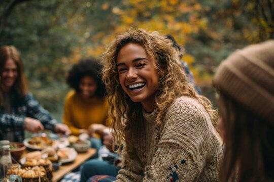 Outdoor Friendsgiving picnic with young adults sharing food and laughter.