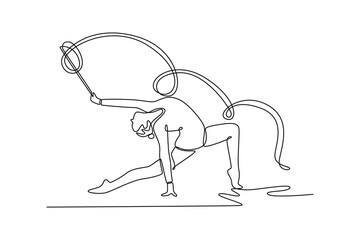 Continuous one line drawing charming artistic gymnast dancing with ribbon. Female gymnast, creativity, art with dancing routine and energy at arena. Single line draw design vector graphic illustration