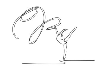 Single continuous line drawing woman exercising rhythmic gymnastics with ribbon. Female gymnast elegantly twirls ribbon, her precision, grace, and artistry. One line graphic design vector illustration