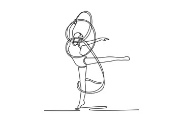 Single continuous line drawing young female rhythmic gymnast posing with ribbon. Beautiful and graceful sport. Motion, grace and flexibility. Dynamic one line draw graphic design vector illustration