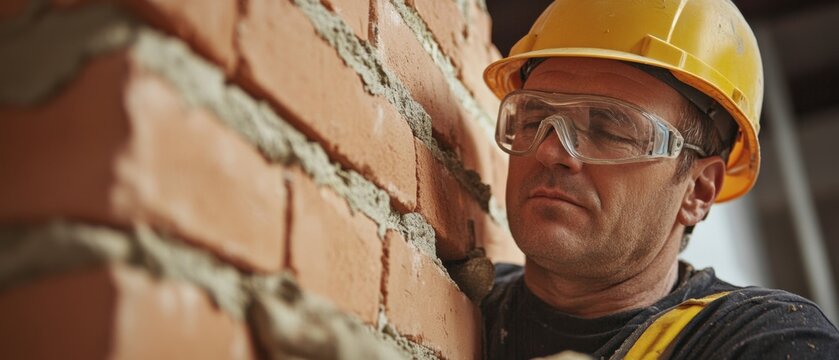 A close-up of a bricklayer in a hard hat and safety glasses, carefully laying bricks with mortar on a wall, Masonry work site scene