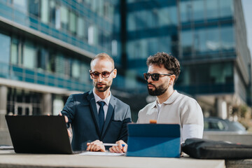 Obraz premium Two businessmen in a modern outdoor environment working together with a laptop and tablet, showcasing collaboration and teamwork concepts.