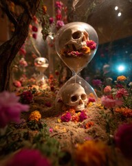 Day of the Dead altar with ofrenda placed inside a giant hourglass surrounded by marigolds.