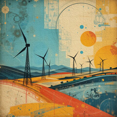 Windmill farm solar energy . Oil paint illustration.