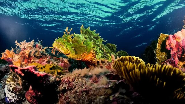 Detailed scorpionfish resting on a coral reef in natural marine habitat, showing camouflage and unique colors in ocean environment.