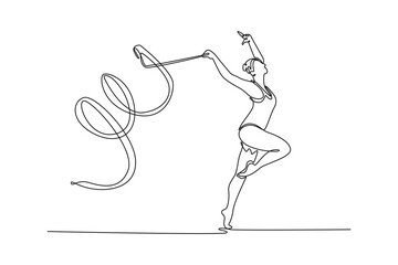 Single one line drawing talented gymnast dancer sport ballerina athlete perform acrobatic exercise spinning gymnastic ribbon artistic element. Continuous line draw design graphic vector illustration