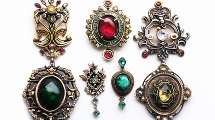 Antique Brooches with Intricate Designs and Elegance on white background.PNG