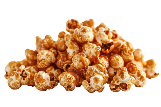 Indulge in a mountain of caramel popcorn a sweet treat temptation with a dark studio background and isolated on transparent background. Generative Ai.