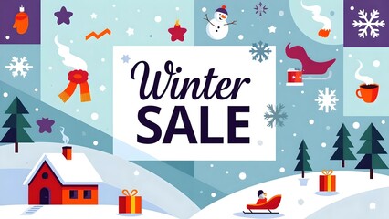 High-Resolution Flat Illustration for a 'Winter Sale' Banner with Playful Seasonal Elements and a Cozy Snowy Background,Winter Sale Banner for Promotion,Winter Promotion Banner