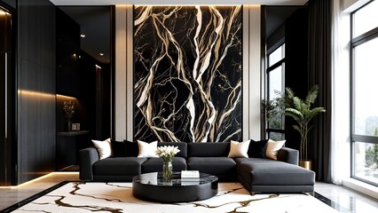 Modern Luxurious Living Room with Elegant Design and Black Accents