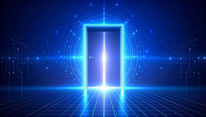 Glowing portal door with tech background.