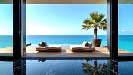 Fototapeta premium Luxurious Open-Air Living Space Overlooking Serene Ocean View